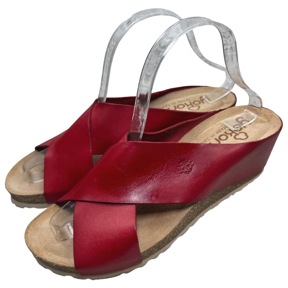 Yokono Wedge Slide Sandals Womens 9 Red Leather Crisscross Spain Summer Comfort